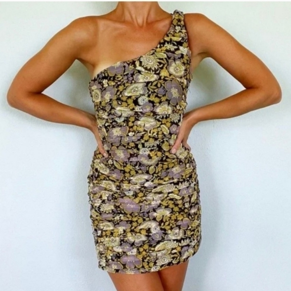 Zara Floral Printed One Shoulder Ruched Cocktail Mini Dress Sz M